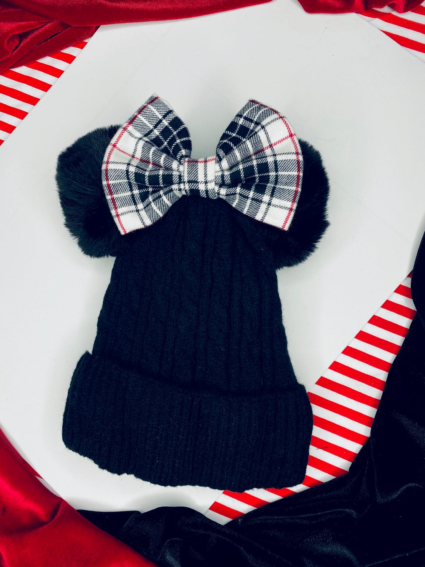 Beanie with plaid bow