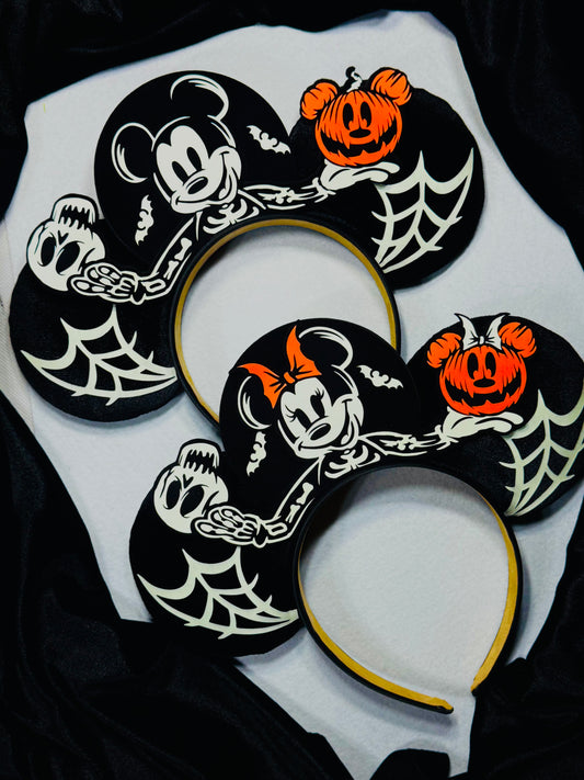 Mickey and Minnie Skellington Inspired Ears (Glow in the dark)