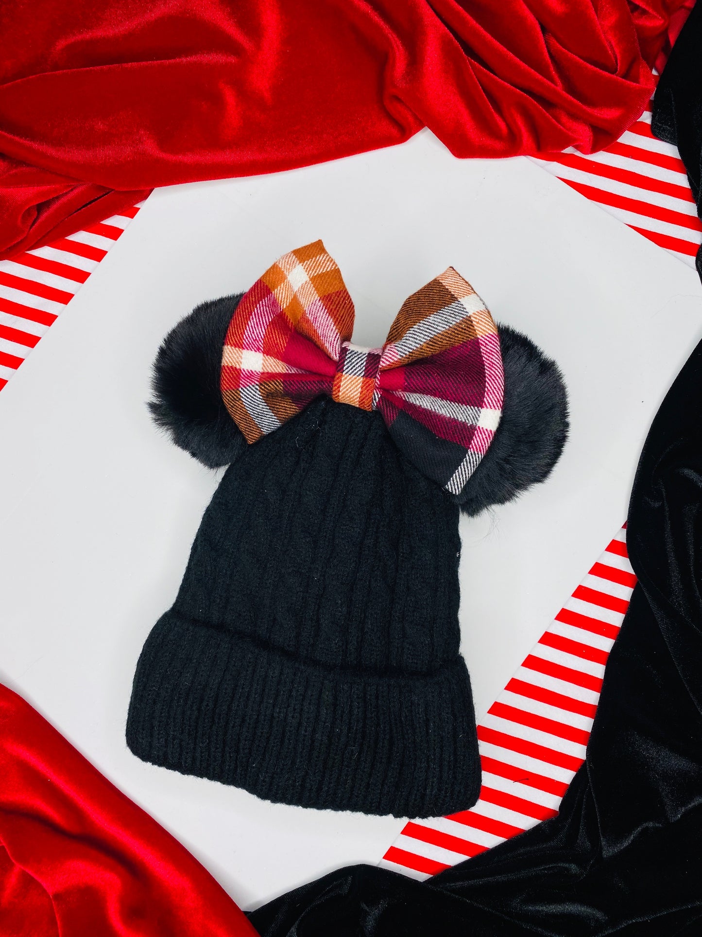 Beanie with plaid bow