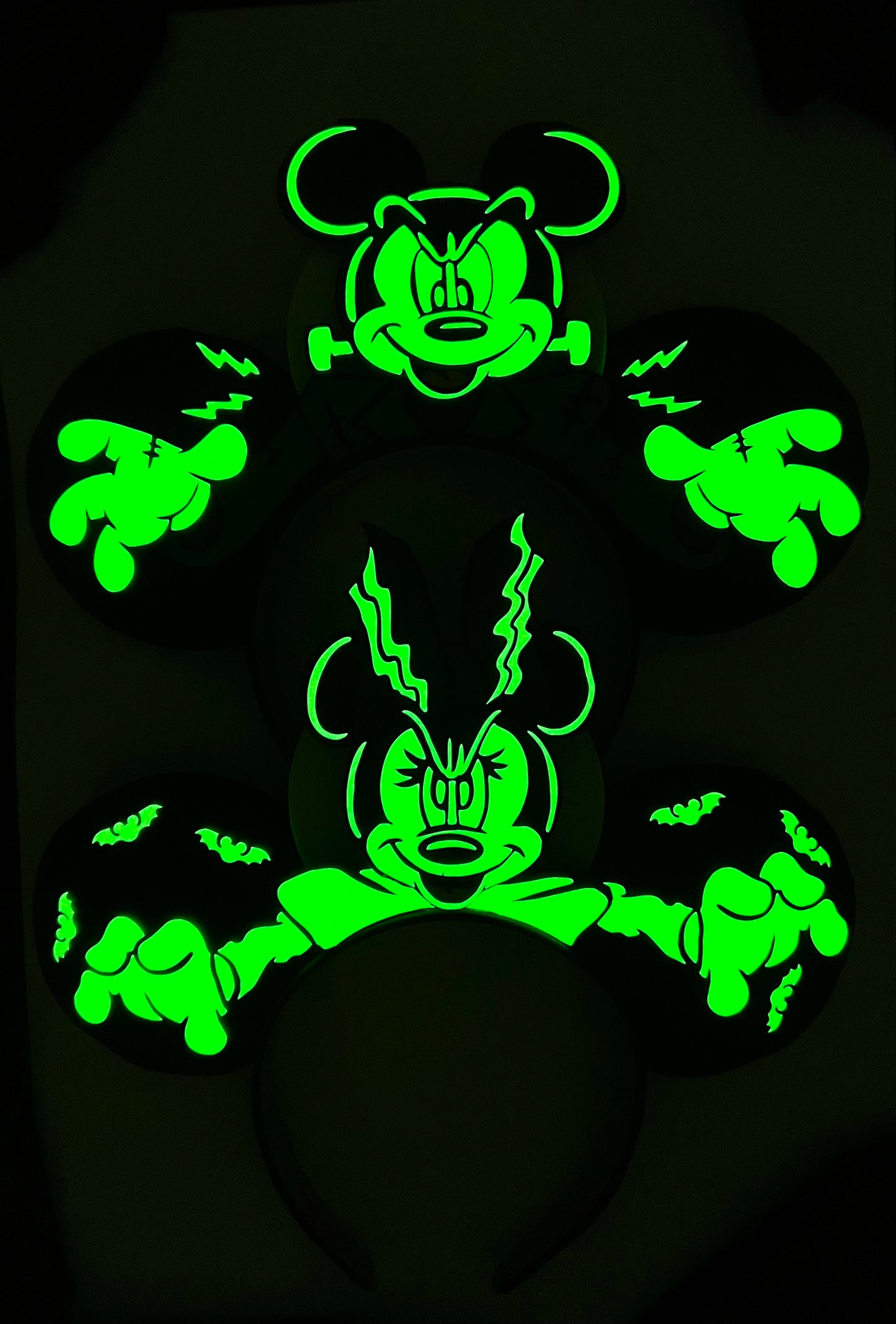 Mickey and Minnie Frankenstein Monster and Bride inspired ears( glow in the dark)