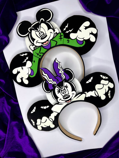 Mickey and Minnie Frankenstein Monster and Bride inspired ears( glow in the dark)